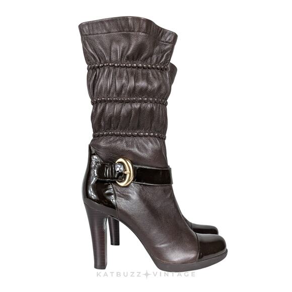Y2K Via Spiga Platform Boots 7 Brown Leather Buckle Heels Zip Office Baddie Cap - Picture 1 of 10